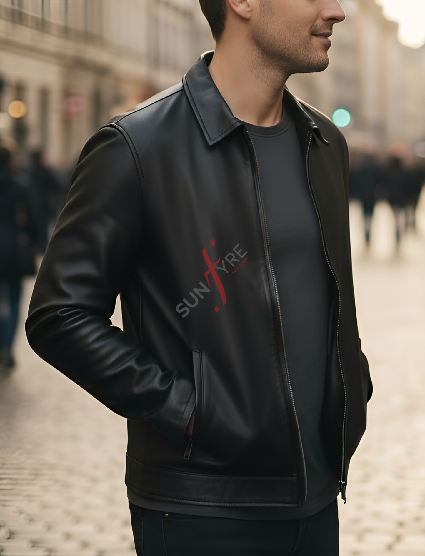 Man wearing a black leather jacket with 'Sunfire' logo on a blurred street background