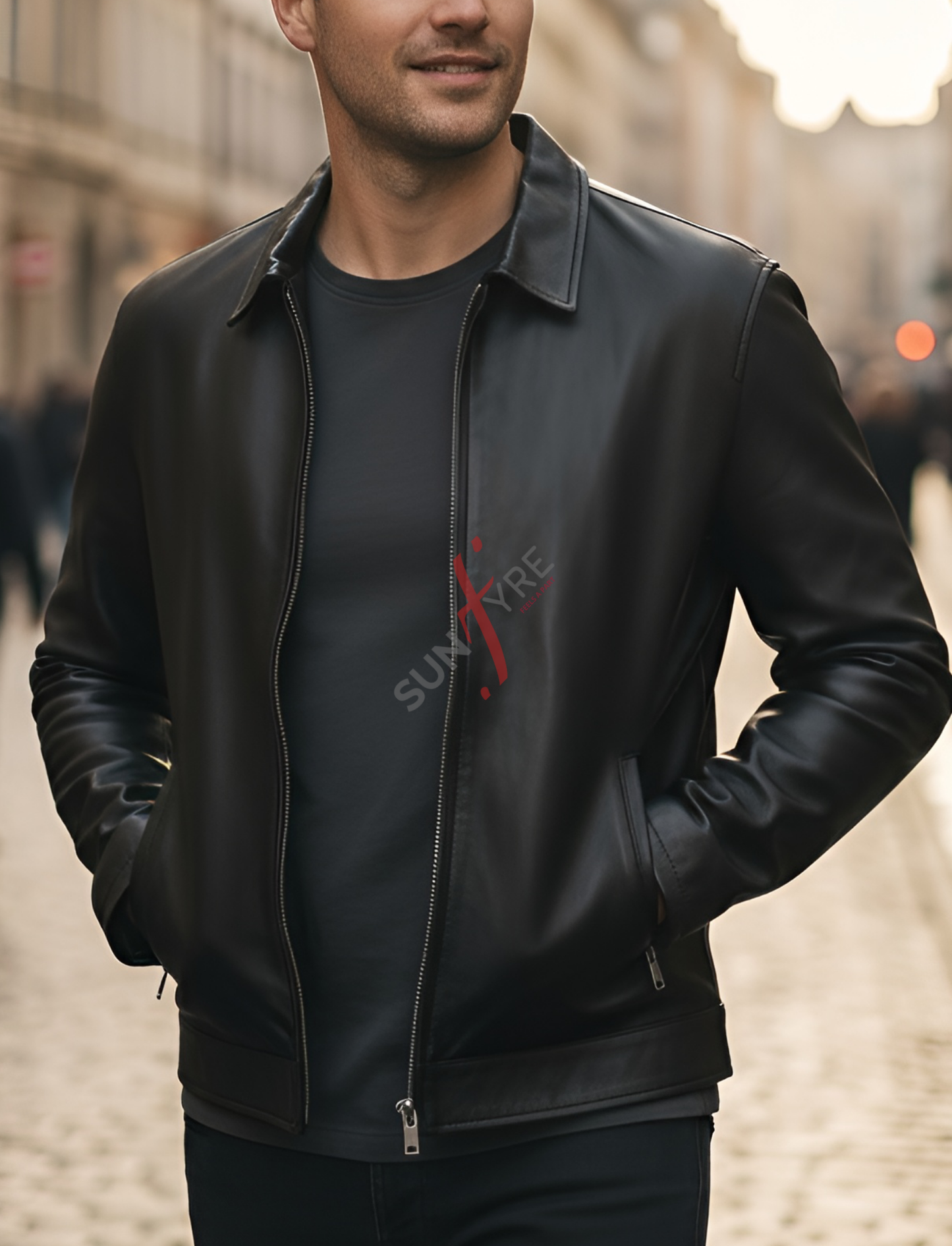 Man wearing a black leather jacket with a brand logo on a blurred street background