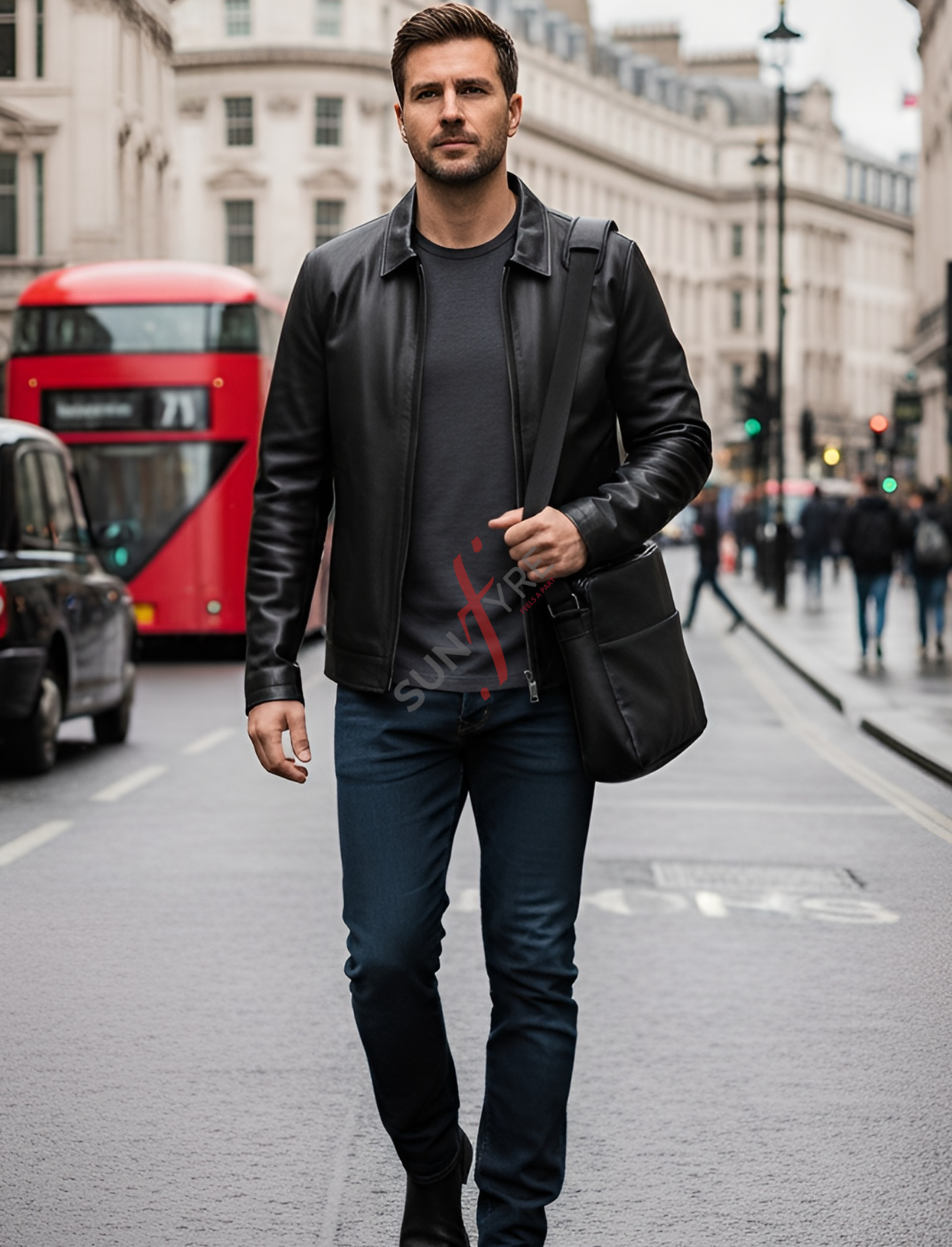 Man walking on a city street with a red bus in the background