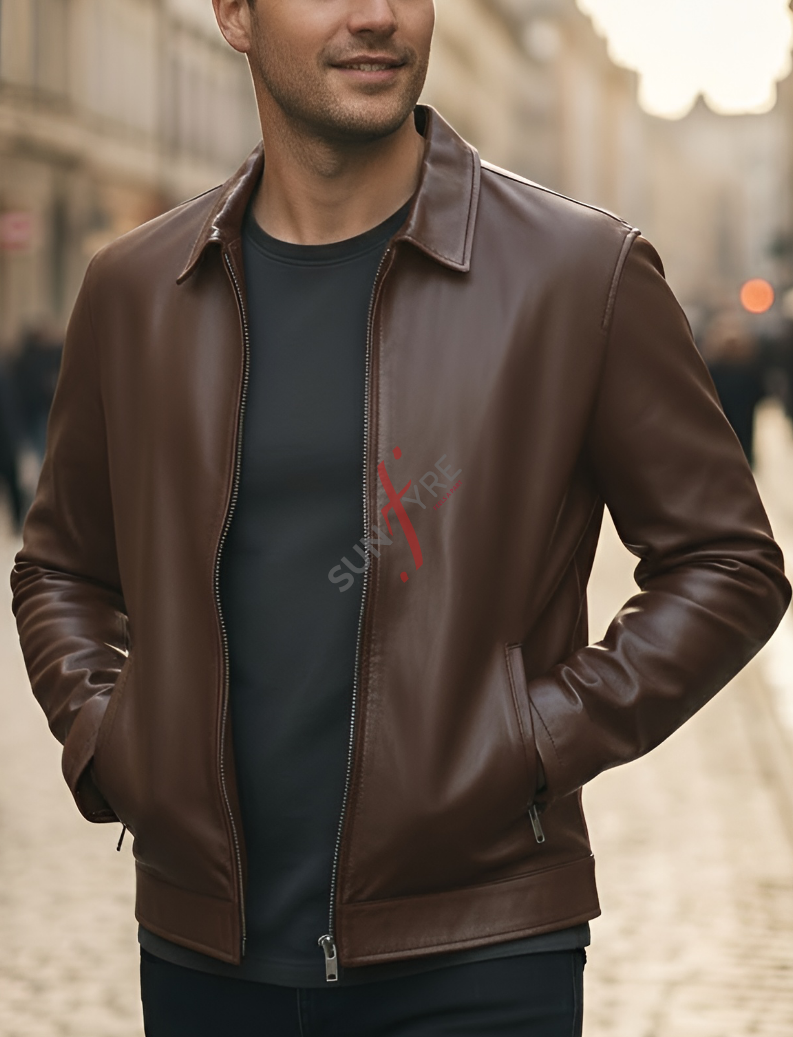 Man wearing a brown leather jacket on a blurred street background