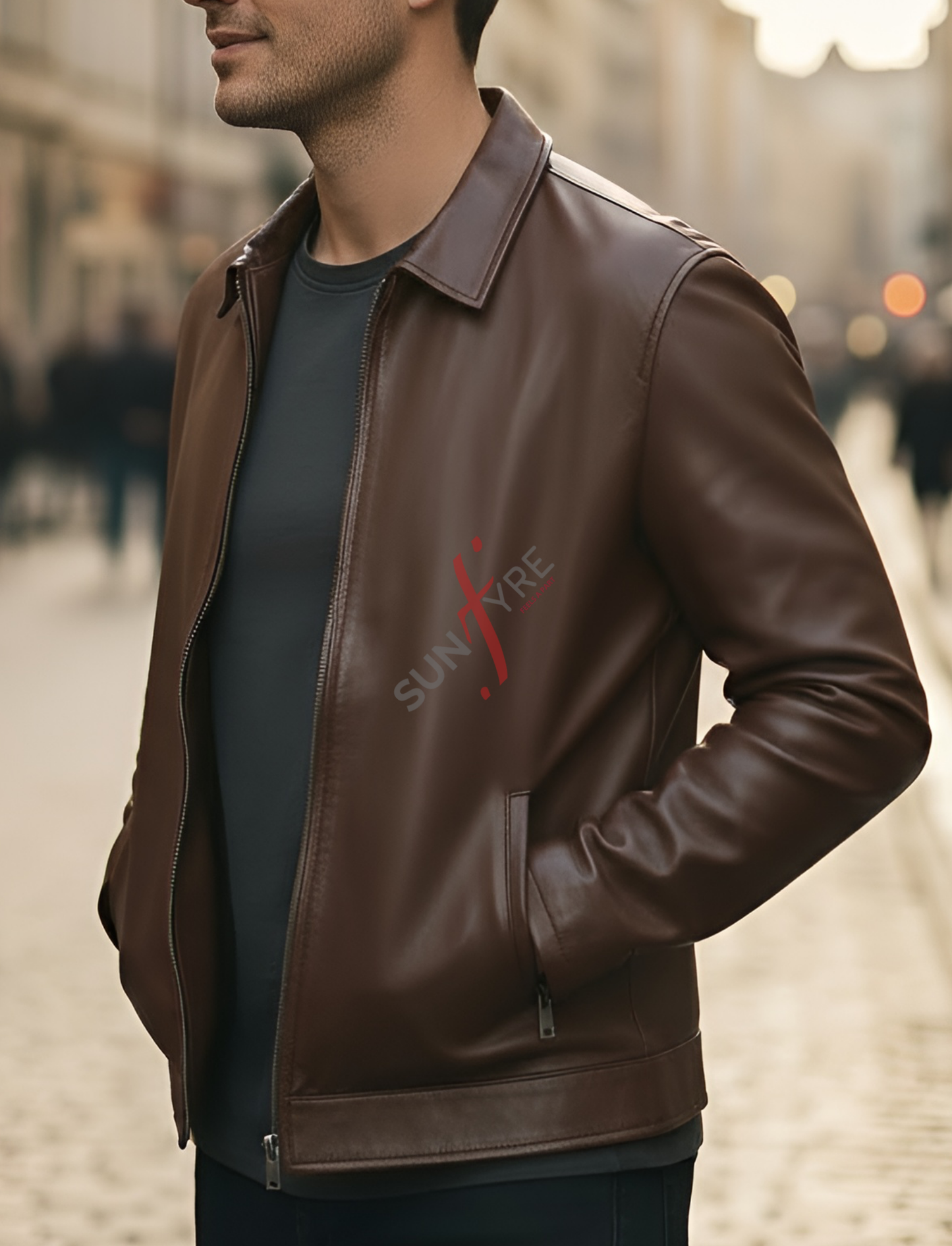 Man wearing a brown leather jacket with 'SUNYRE' logo on a blurred street background