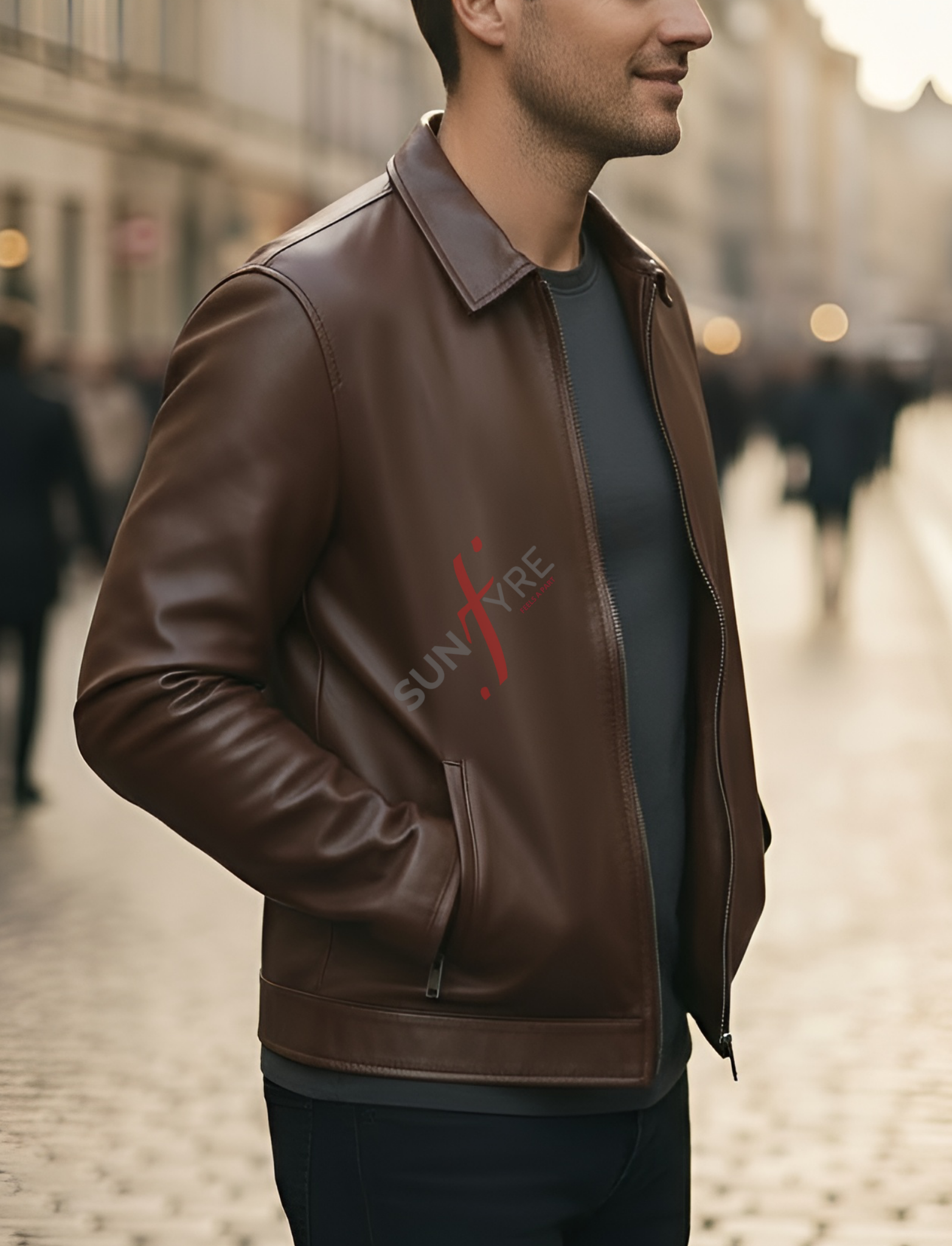 Man wearing a brown leather jacket with a logo on a blurred street background