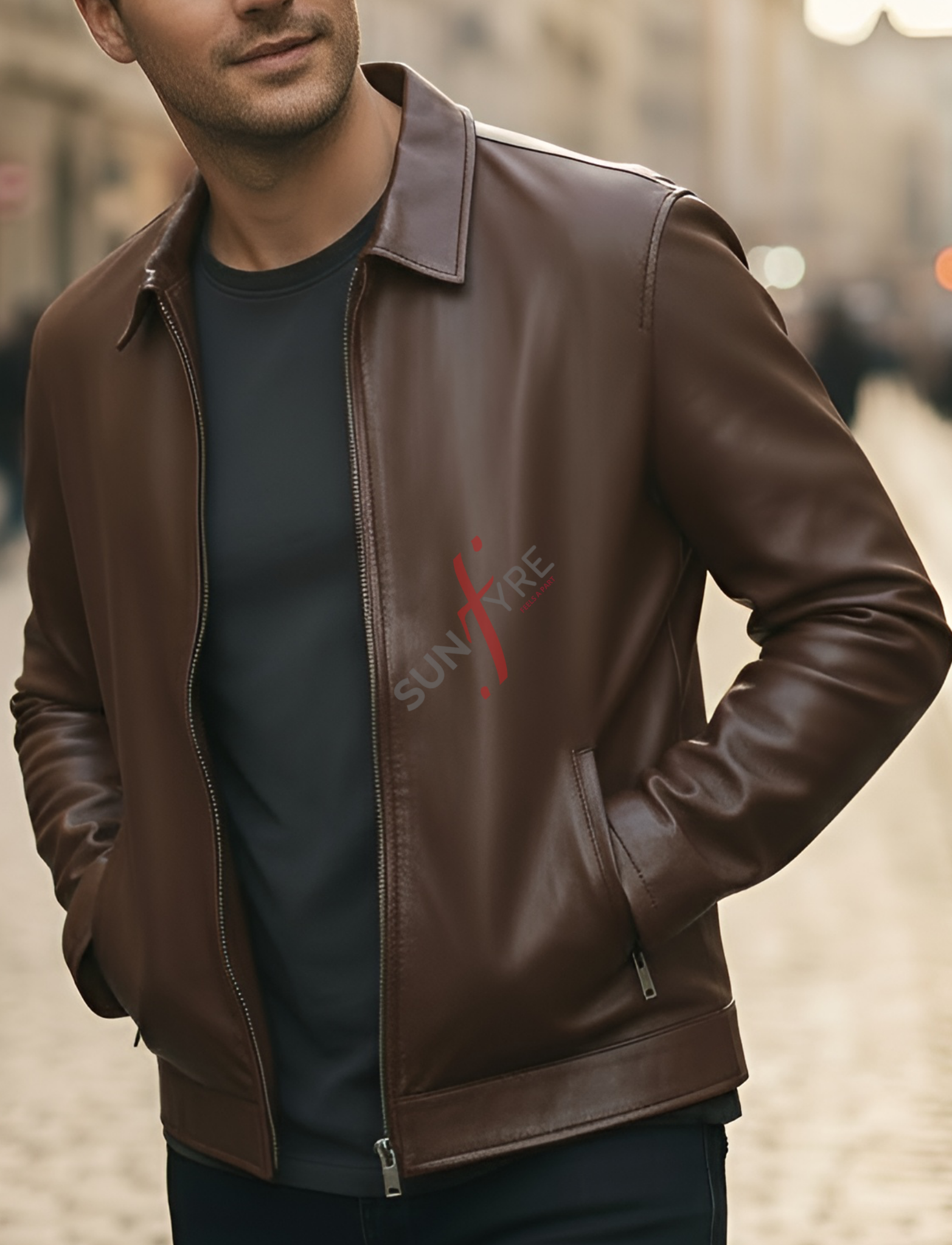 Man wearing a brown leather jacket with a brand logo on a blurred street background