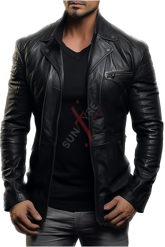 Real Sheepskin Black Leather Blazer For Men