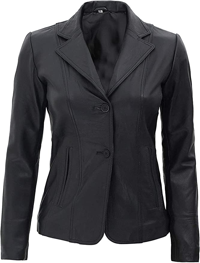 Real Lambskin Black Leather Blazer Coat For Women