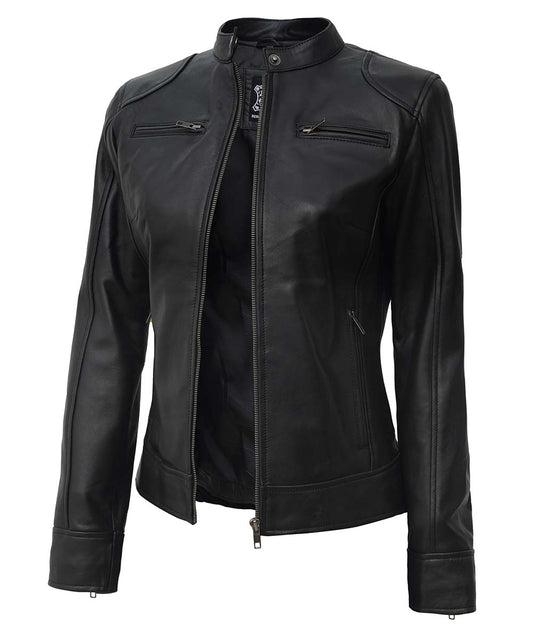 Dodge Lambskin Black Leather Jacket For Women