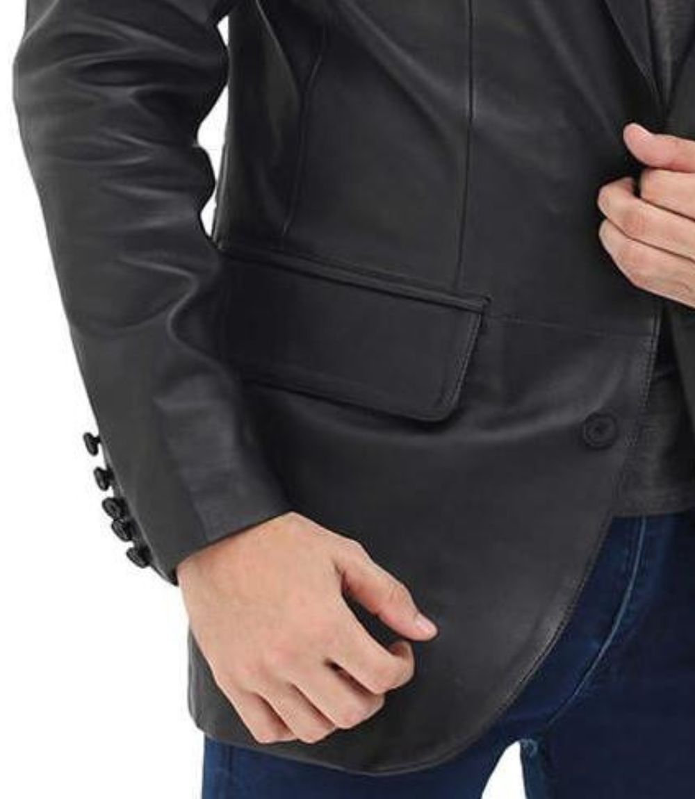 Real Lambskin Black Two Button Leather Blazer 
