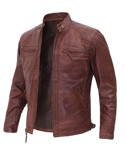 Real Lambskin Cafe Racer Brown Leather Biker Jacket For Men