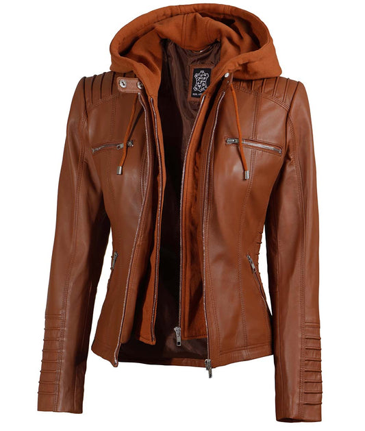 Womens Tan Leather Jacket with Detachable Hood