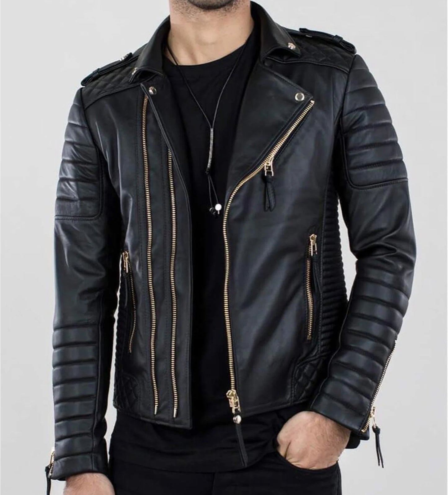 Original Sheepskin Black Motorcycle Leather Jacket For Men