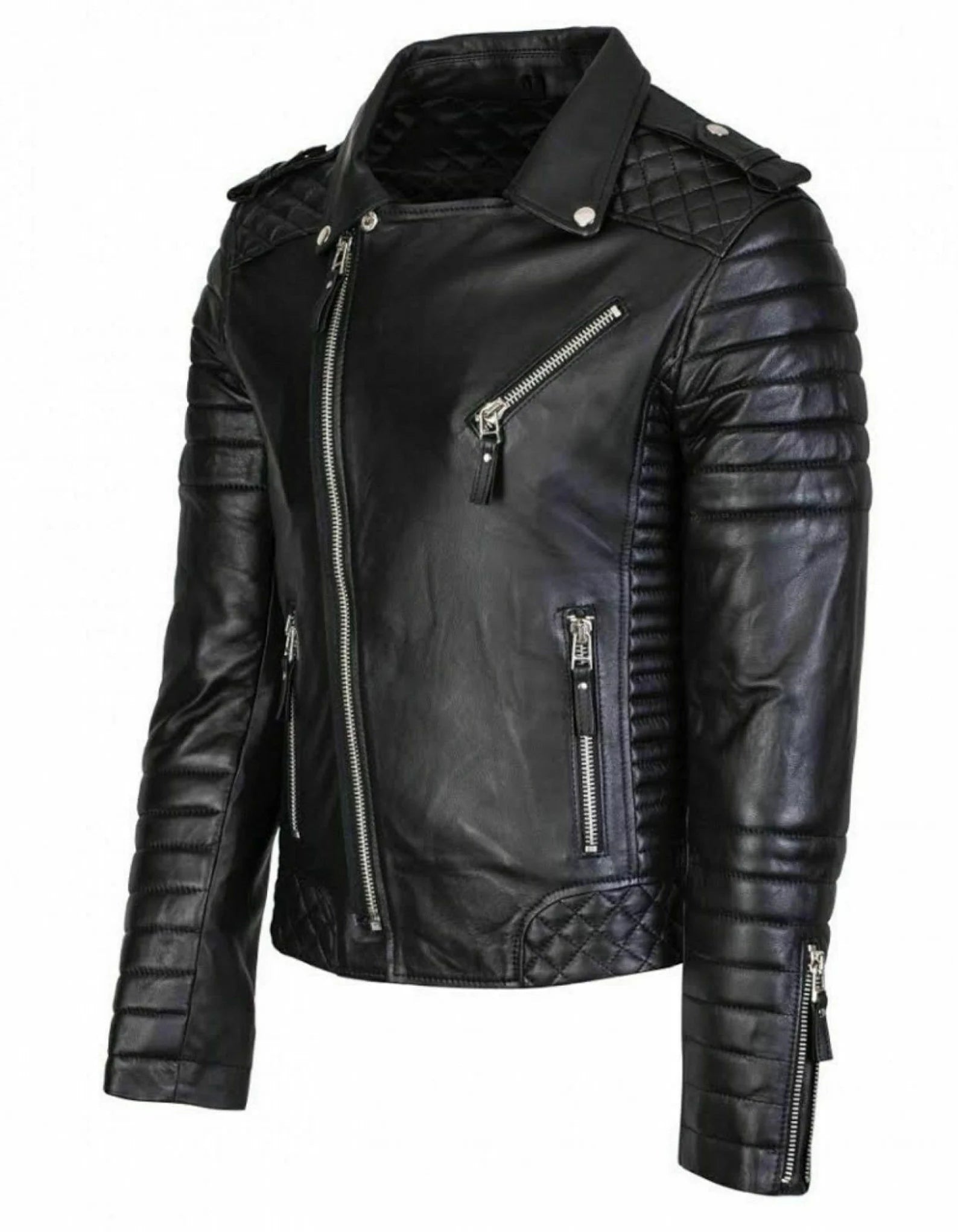 Original Sheepskin Black Motorcycle Leather Jacket 