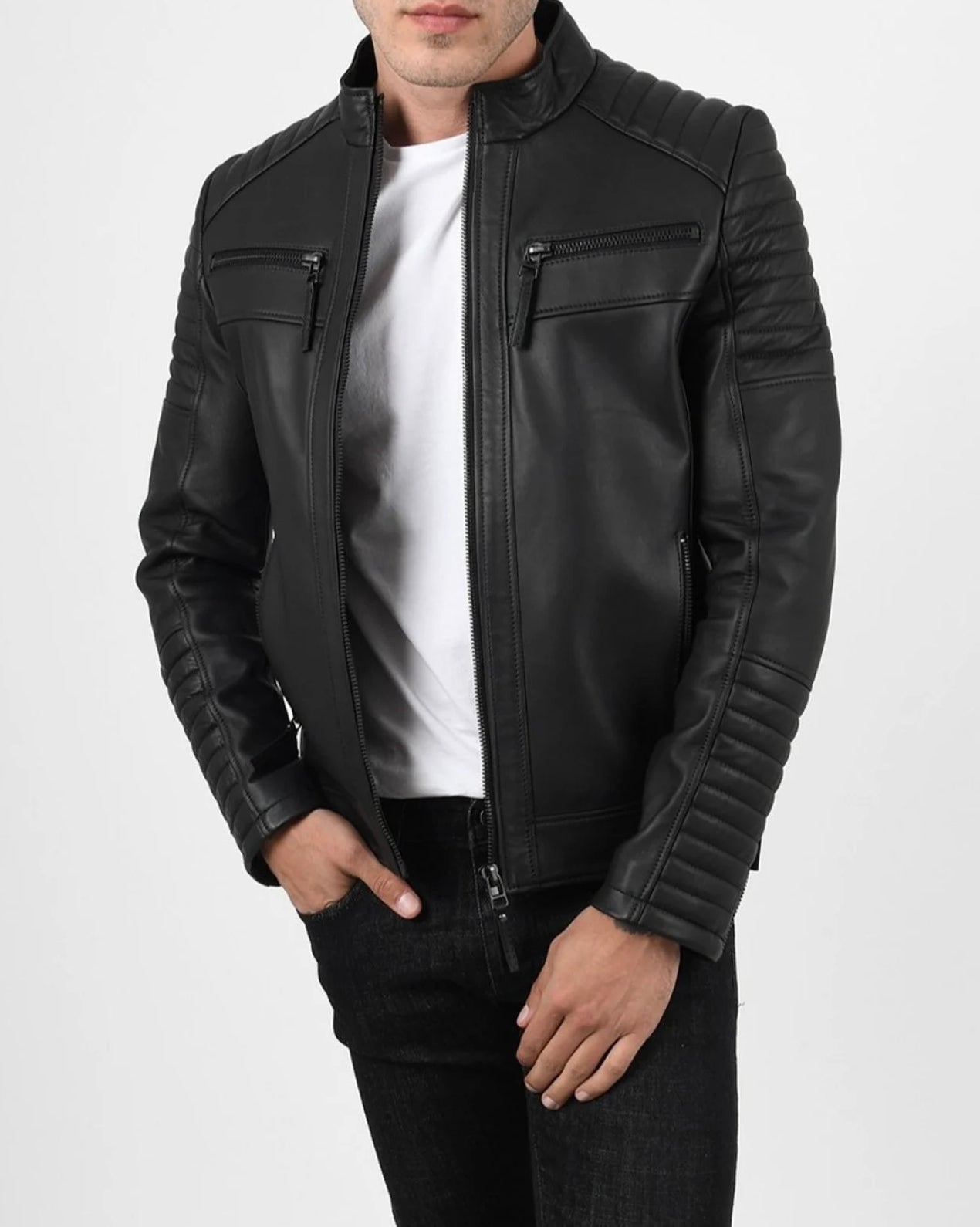 Original Sheepskin Black Quilted Leather Jacket For Men