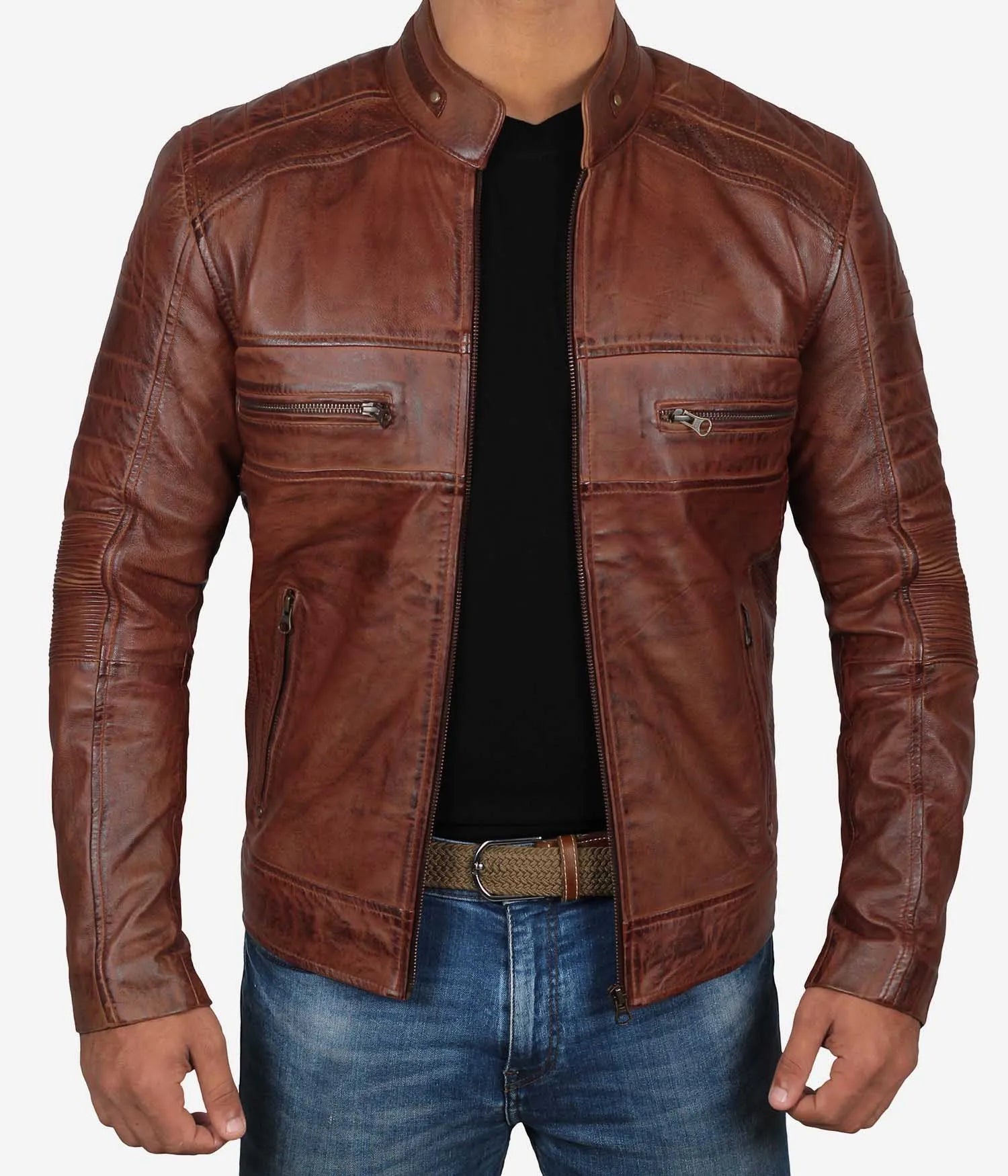 Cafe Racer Slim Fit Tan Biker Leather Jacket For Men