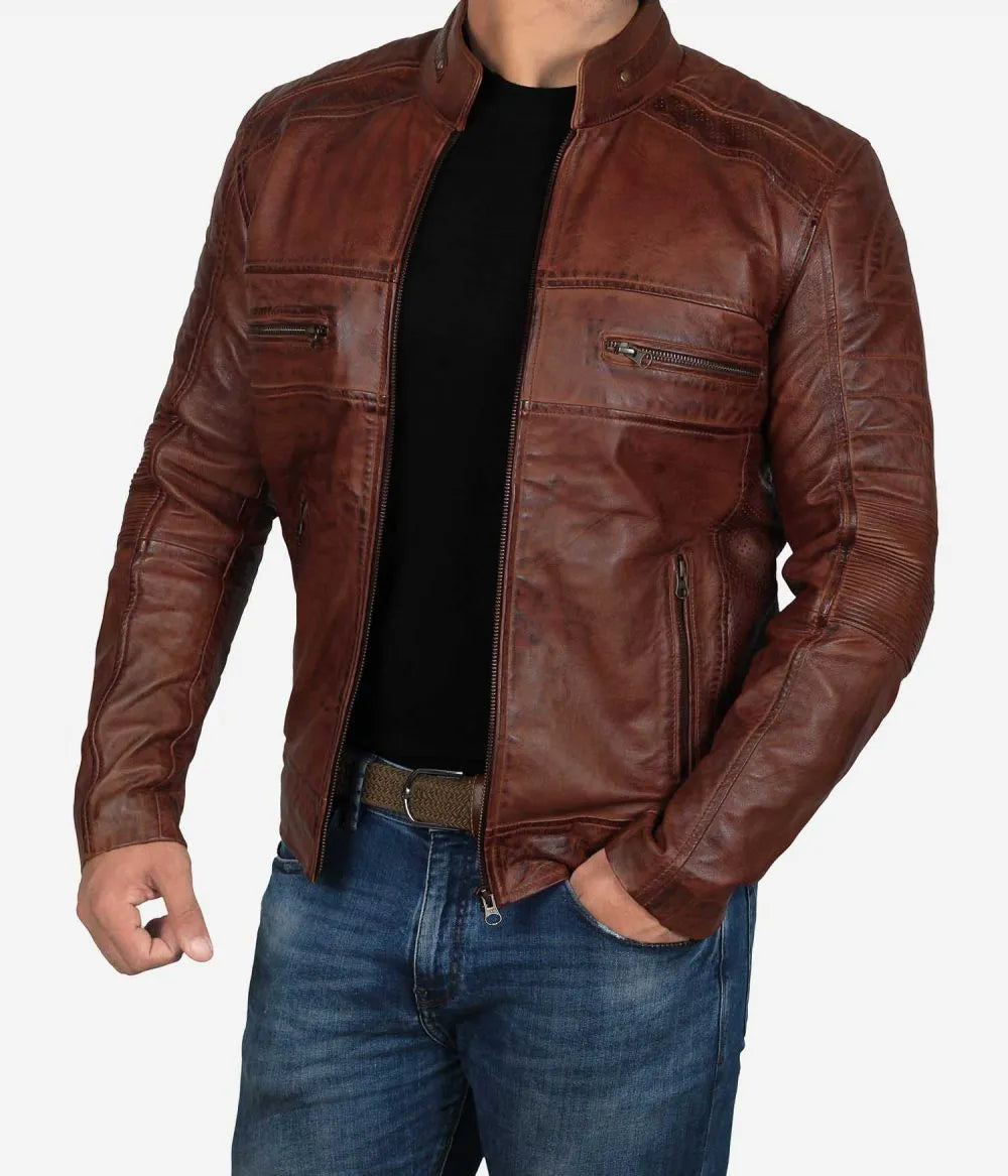 Original Sheepskin Cafe Racer Slim Fit Tan Biker Leather Jacket 