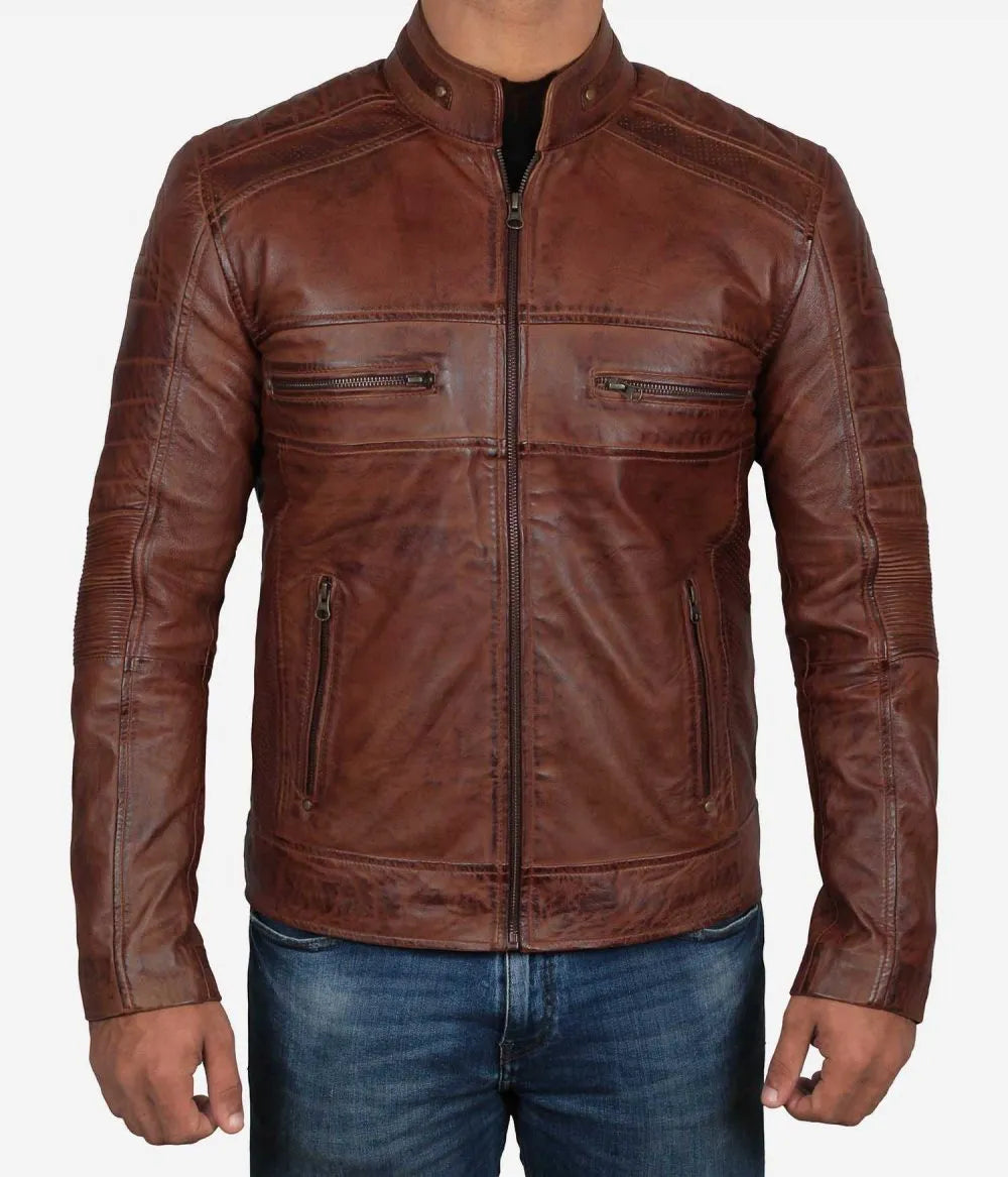 Slim Fit Tan Biker Leather Jacket For Men