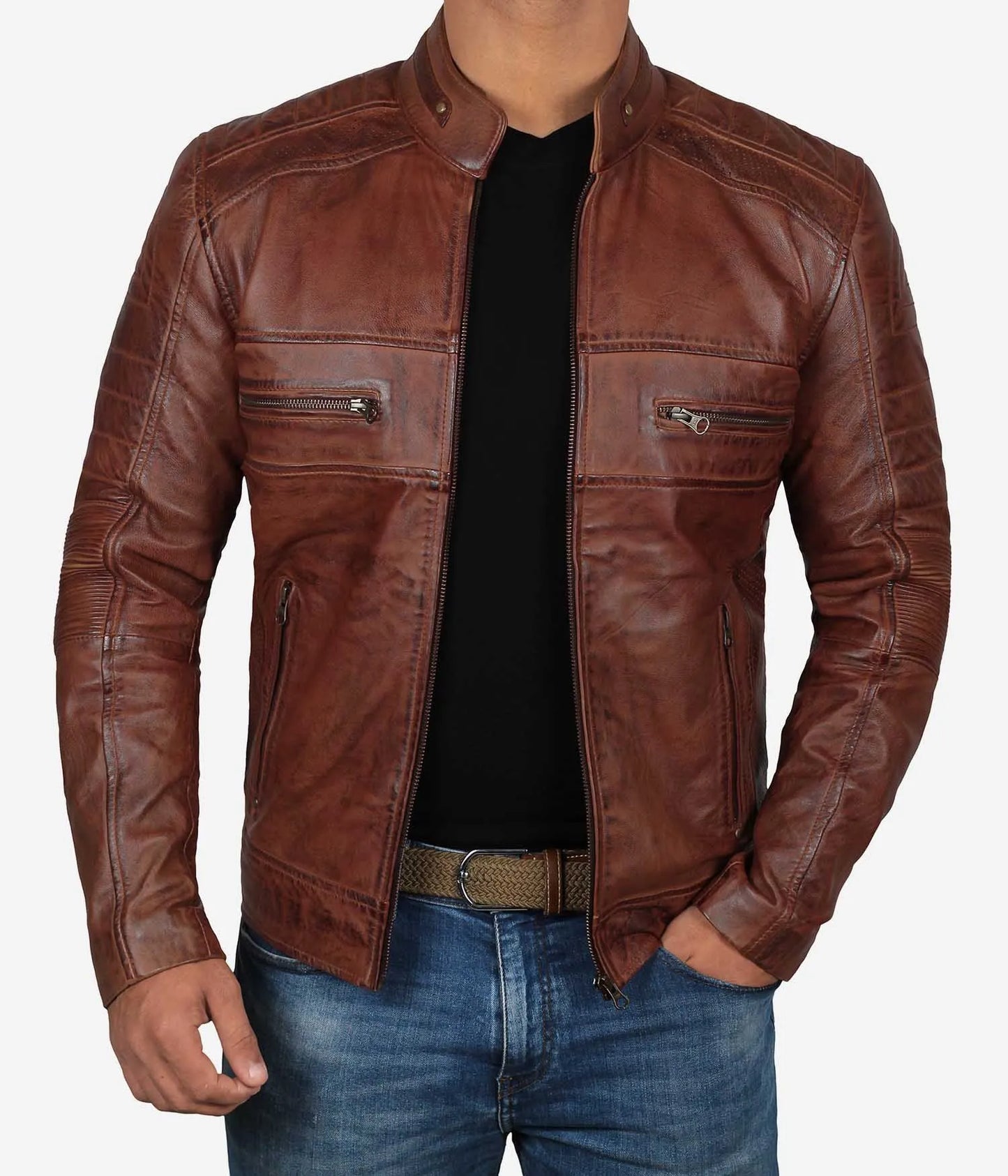 Original Sheepskin Cafe Racer Slim Fit Tan Biker Leather Jacket For Men