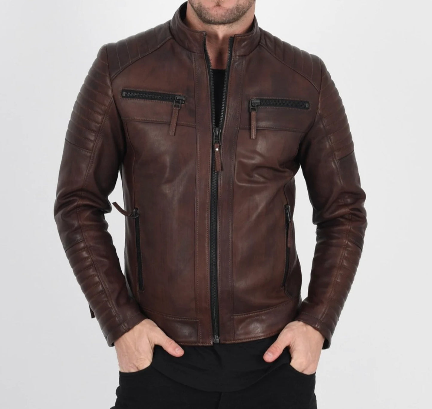 Original Sheepskin Brown Quilted Leather Jacket For Men