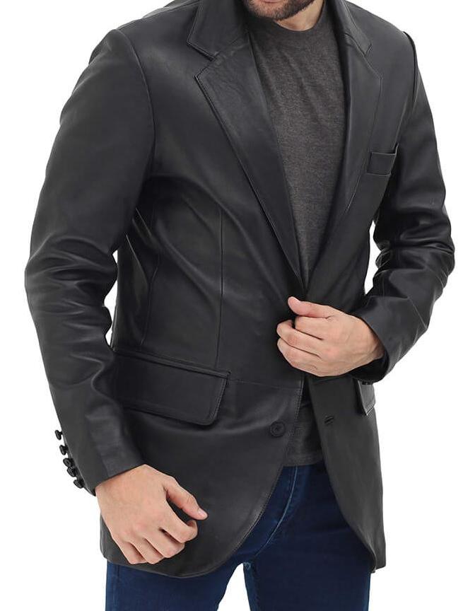 Black Two Button Leather Blazer For Men