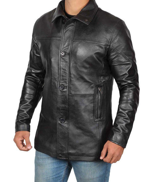 Real Lambskin Black Leather Coat For Men
