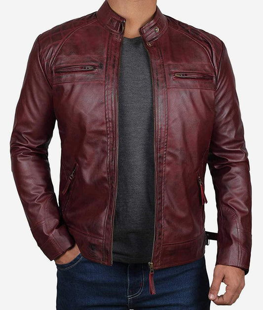 Real Lambskin Distressed Cafe Racer Burgundy Leather Biker Jacket For Men
