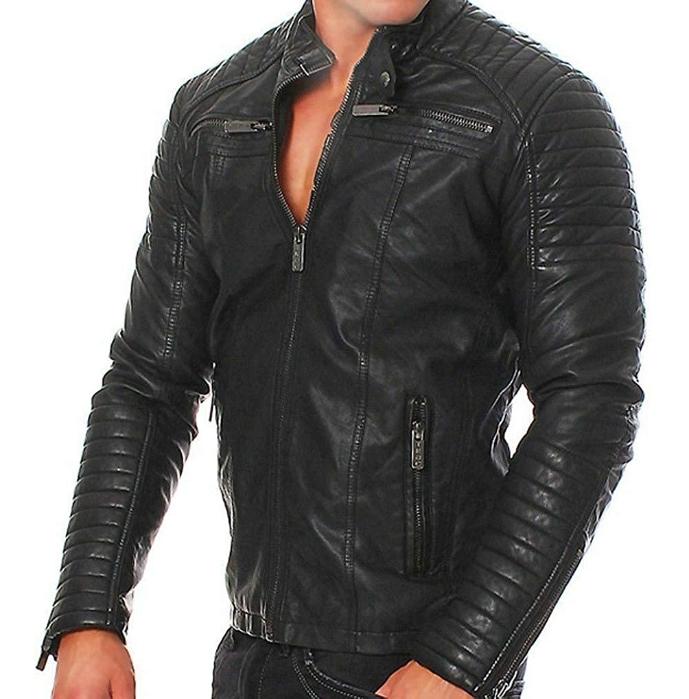 Original Sheepskin Cafe Racer Black Leather Biker Jacket For Men