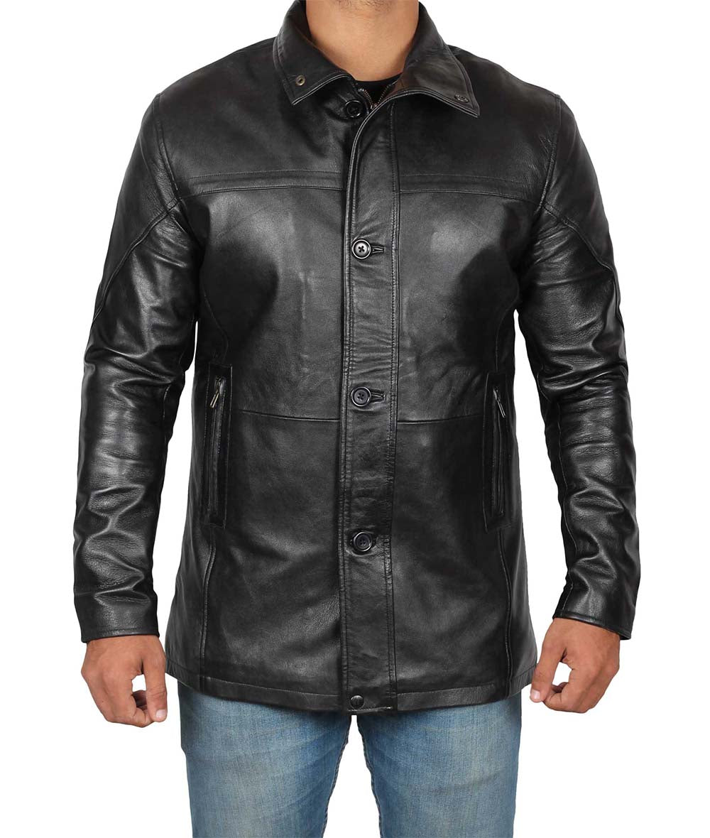 Real Lambskin Black Leather Coat For Men