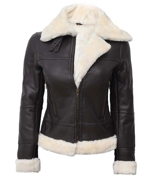 Real Sheepskin Brown Bomber Shearling Leather Jacket For women