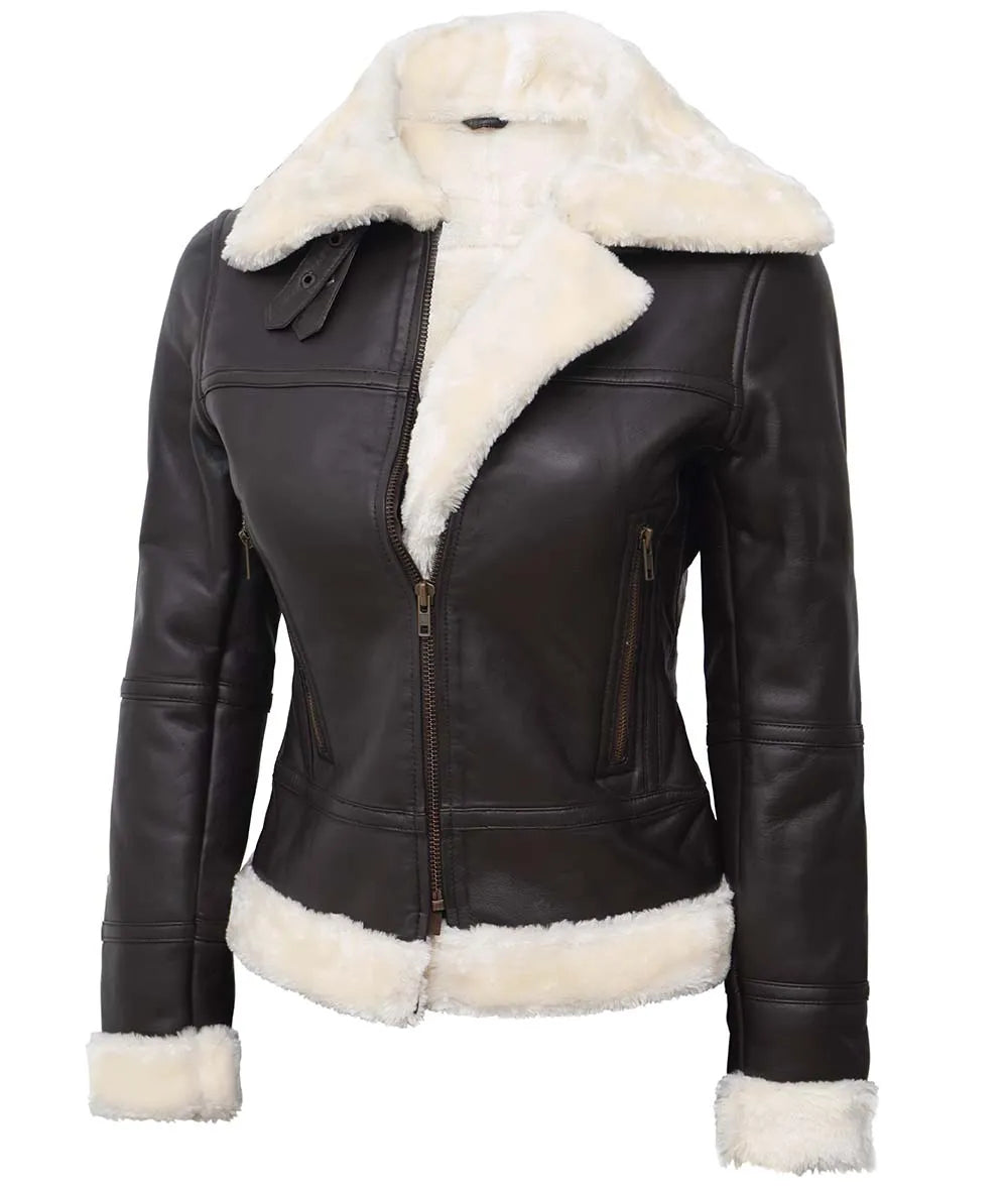 Brown Bomber Shearling Leather Jacket For women