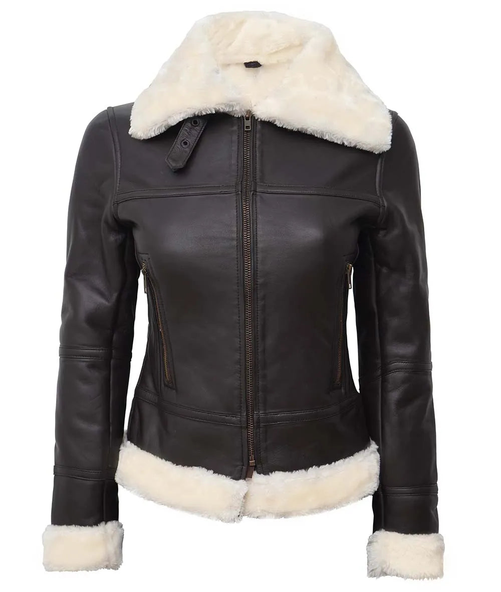 Real Sheepskin Brown Bomber Shearling Leather Jacket 