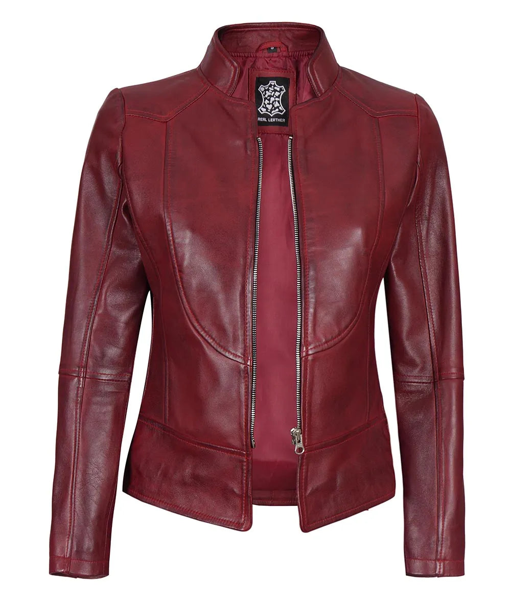  Distressed Burgundy Leather Jacket