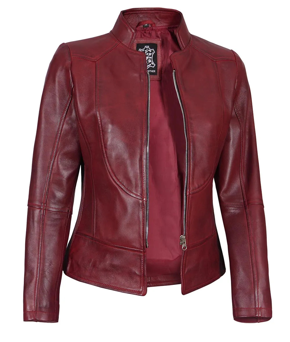 Women’s Slim Fit Cafe Racer Distressed Burgundy Leather Jacket