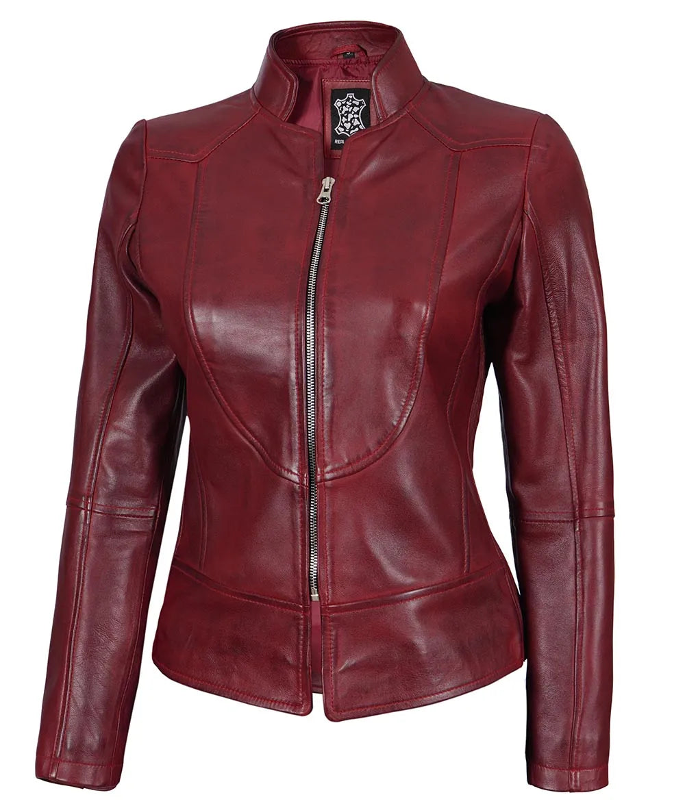 Cafe Racer Distressed Burgundy Leather Jacket