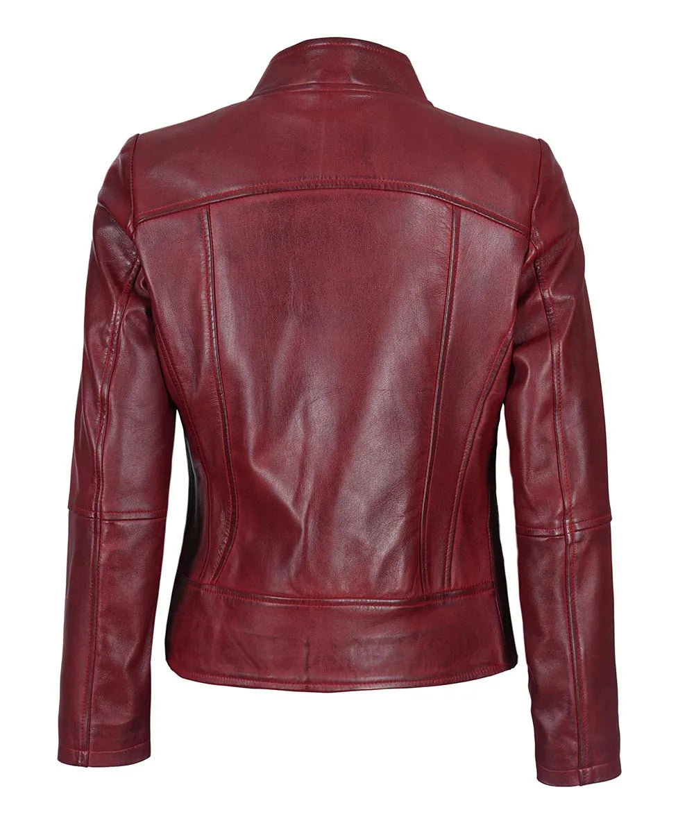  Cafe Racer Distressed Burgundy Leather Jacket