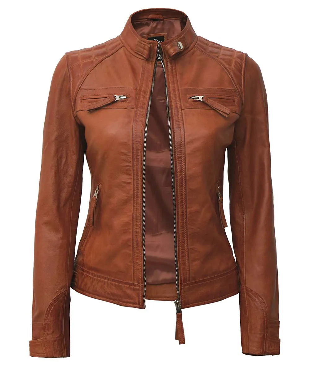 Quilted Cafe Racer Sheepskin Tan Biker Leather Jacket 