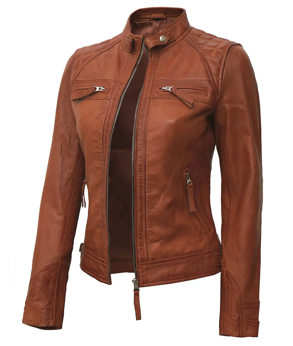 Quilted Cafe Racer Sheepskin Tan Biker Leather Jacket For Women