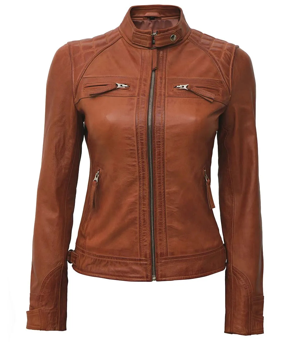  Sheepskin Tan Biker Leather Jacket For Women