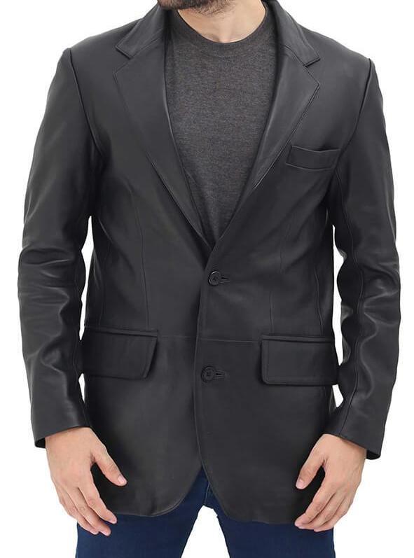 Real Lambskin Black Two Button Leather Blazer For Men