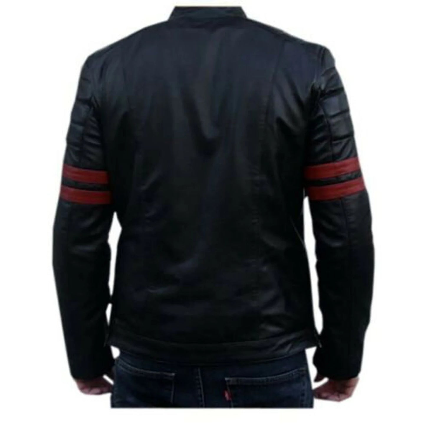 Real Sheepskin Black With Red Strips Iconic Leather Jacket 