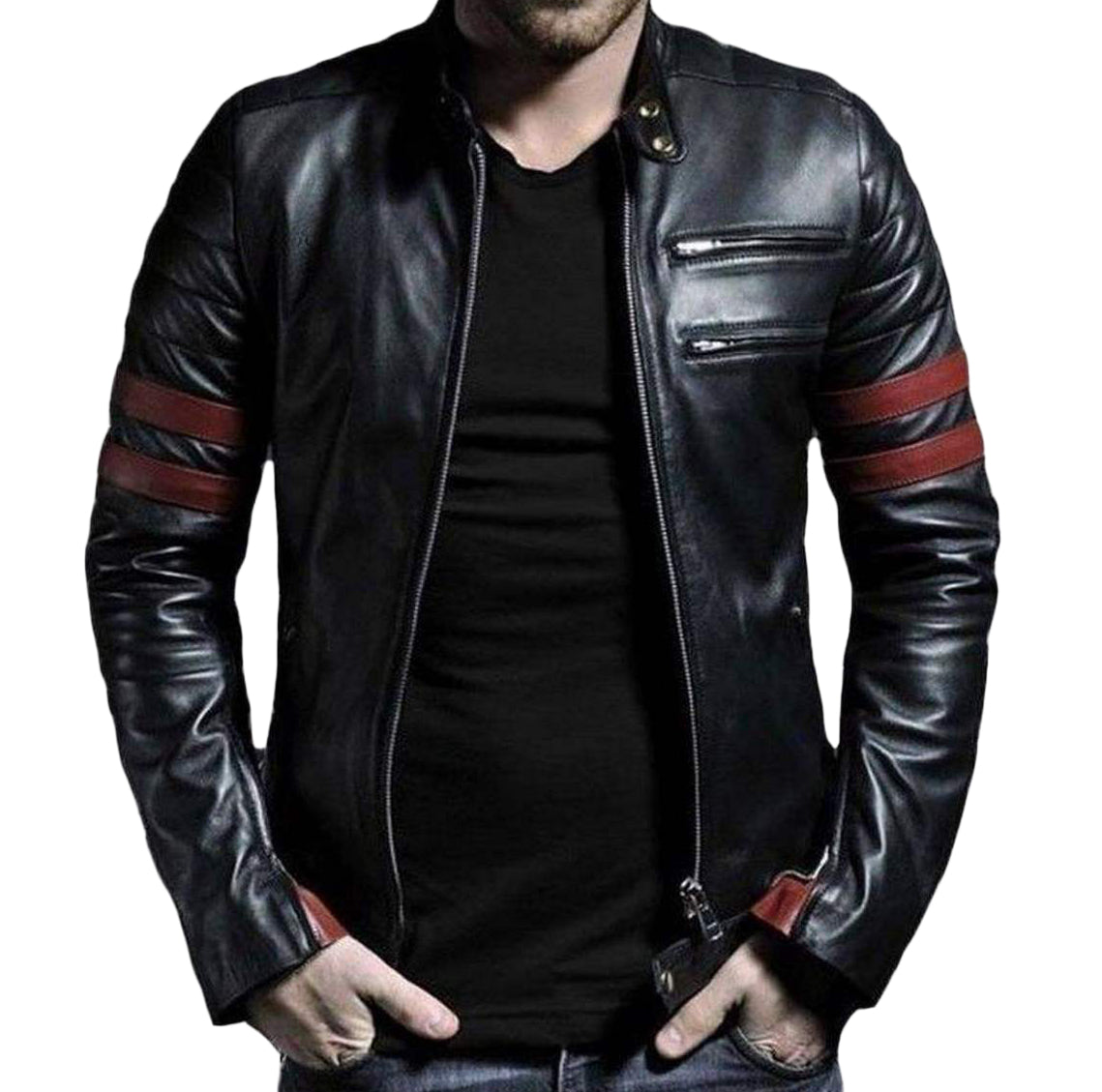 Real Sheepskin Black With Red Strips Iconic Leather Jacket For Men