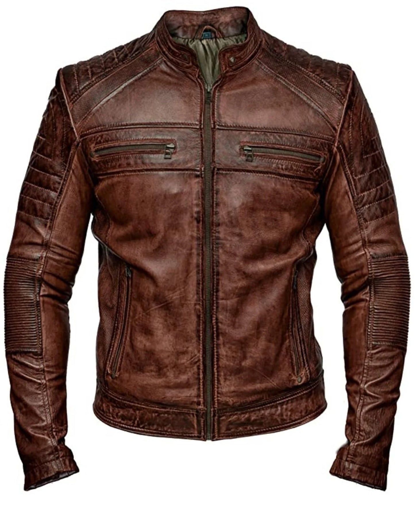 Cafe Racer Vintage Style Retro Brown Distressed Leather Jacket 