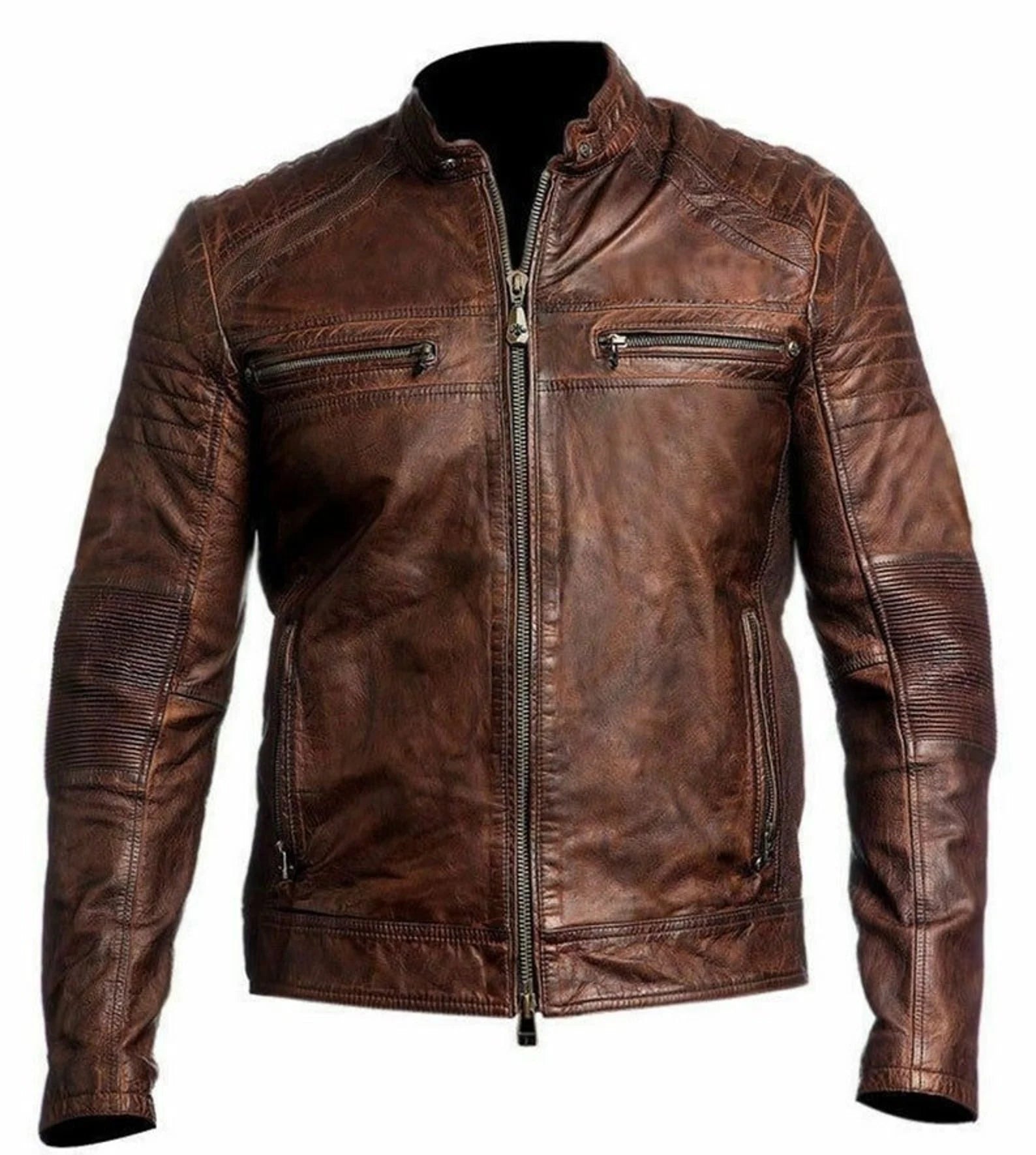 Cafe Racer Vintage Style Retro Brown Distressed Leather Jacket For Men