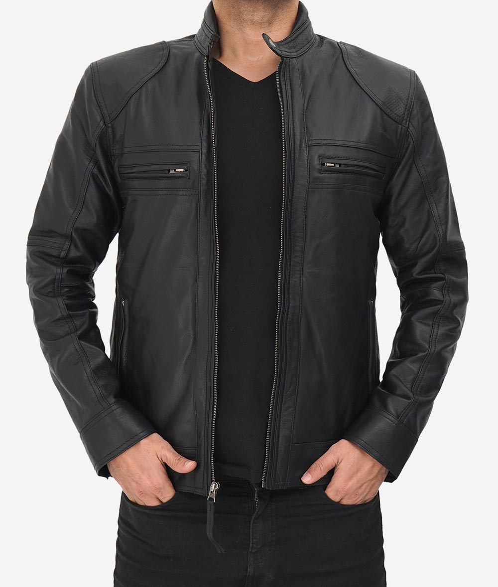 Lambskin Dodge Black Cafe Racer Leather Jacket For Men