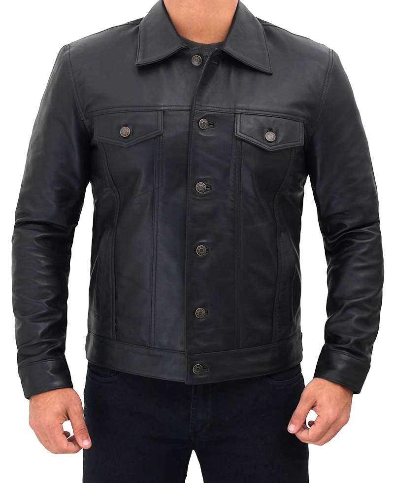  Black Trucker Leather Jacket For Men