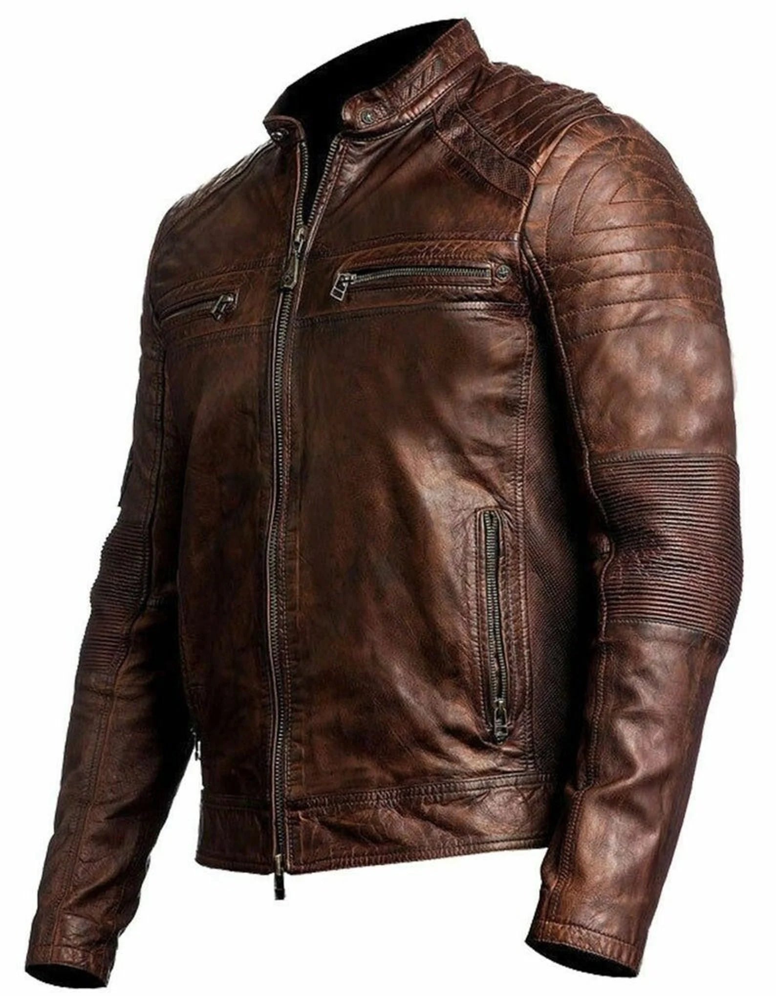 Cafe Racer Vintage Style Retro Brown Distressed Leather Jacket For Men