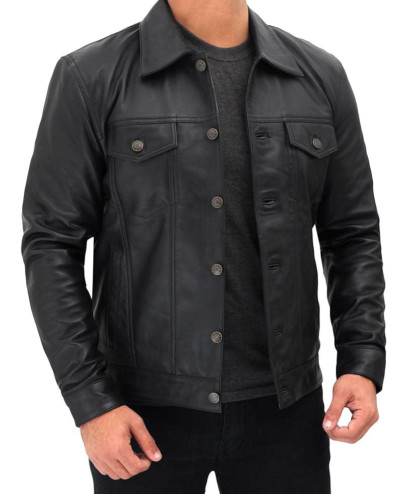 Four Pocket Black Trucker Leather Jacket