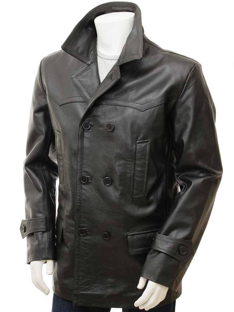 Real Sheepskin Black Leather Coat For Men