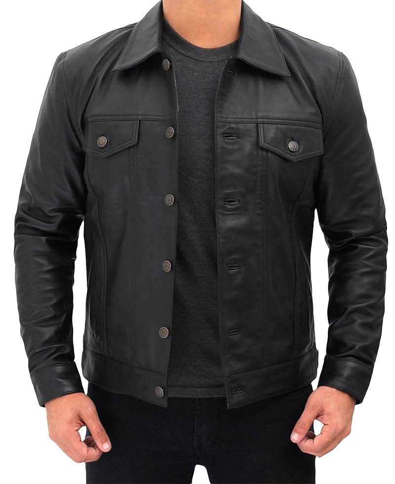 Four Pocket Black Trucker Leather Jacket For Men