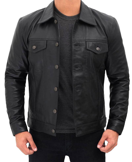 Four Pocket Black Trucker Leather Jacket For Men