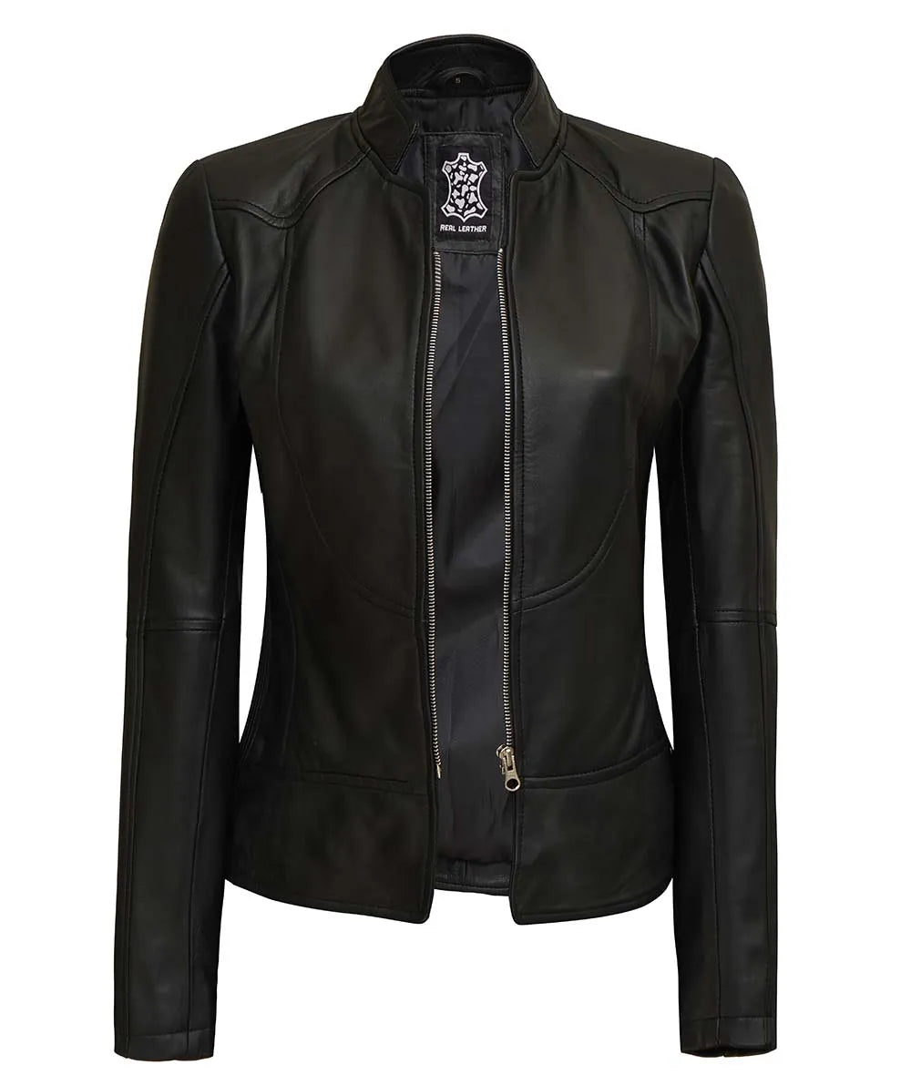 Women’s Slim Fit Cafe Racer Black Leather Jacket