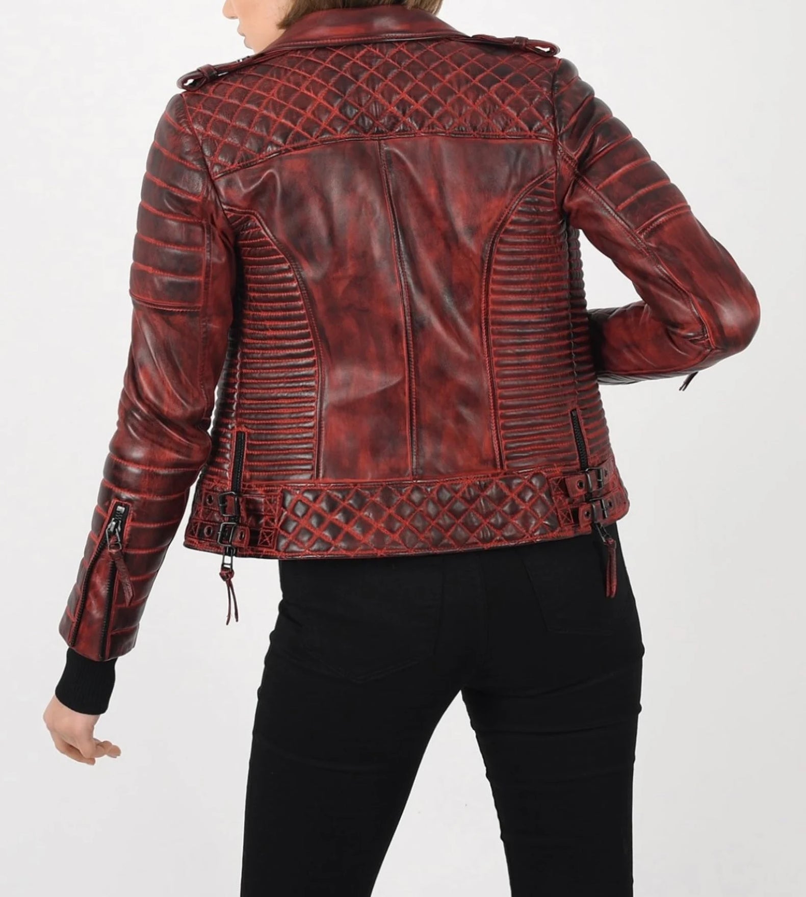  Burgundy Distressed Leather Motorcycle Jacket For Women